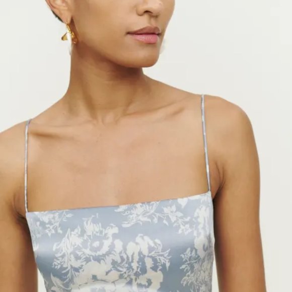NWOT Reformation Frankie Silk Dress in Porcelain Blue White Floral Print - Picture 8 of 11